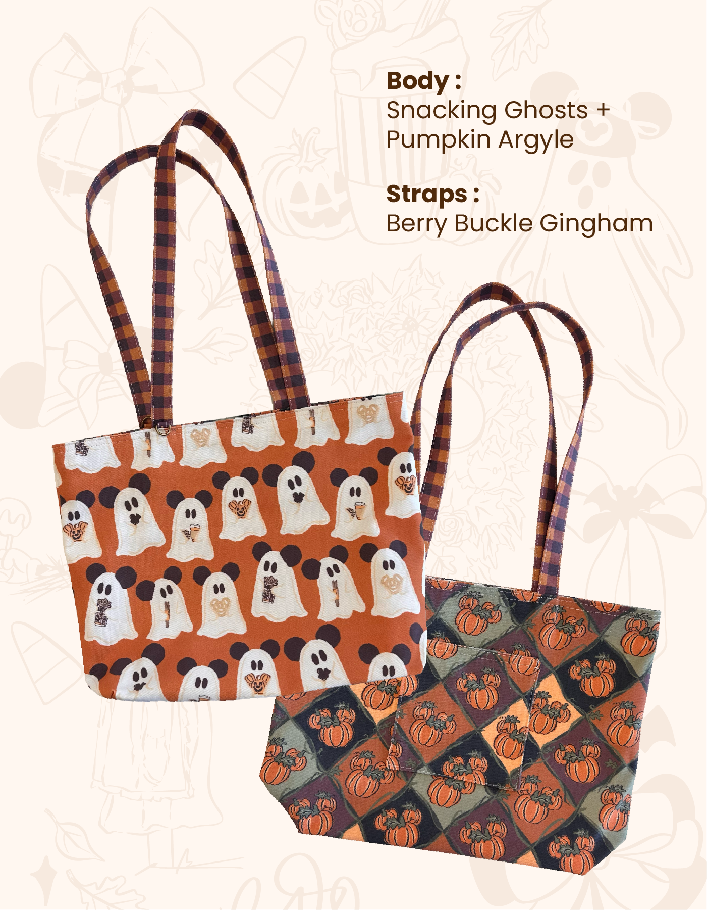 Fall Reversible Canvas Tote - Ghosts with Argyle - PREORDER