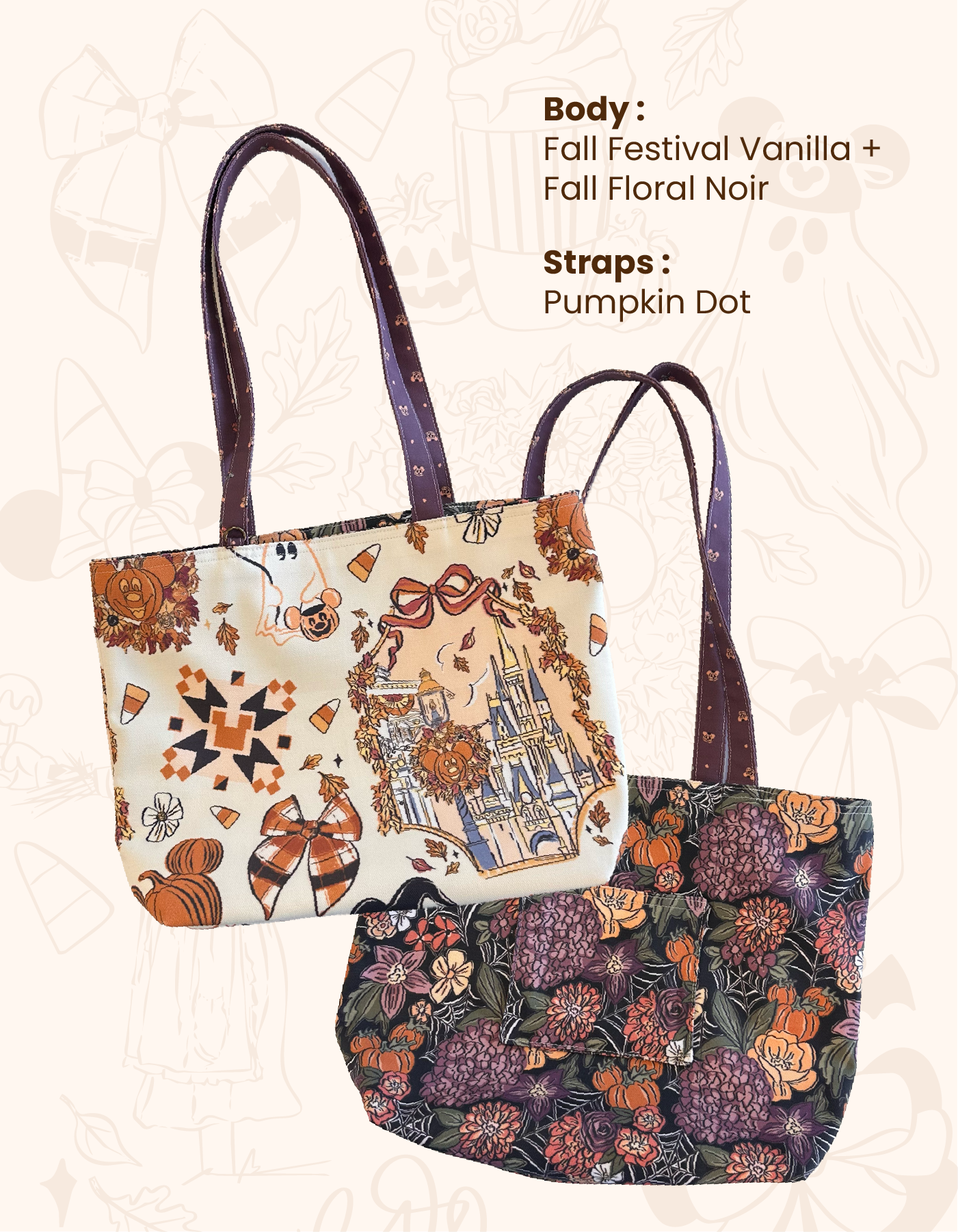 Fall Reversible Canvas Tote - Festival Vanilla with Floral Noir - PREORDER
