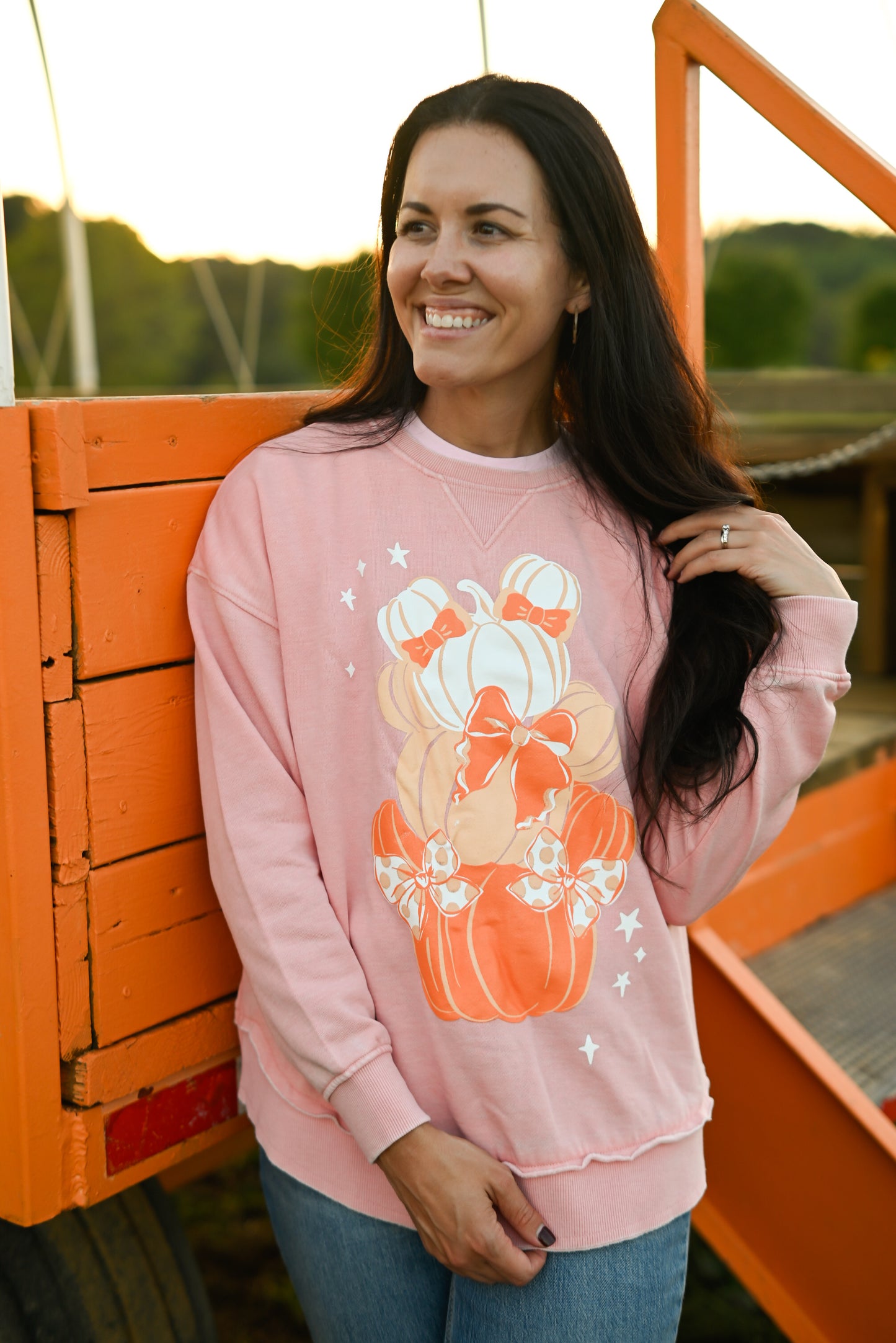 Pumpkin Bow Stack Hi-Low Crewneck - S,M,XL