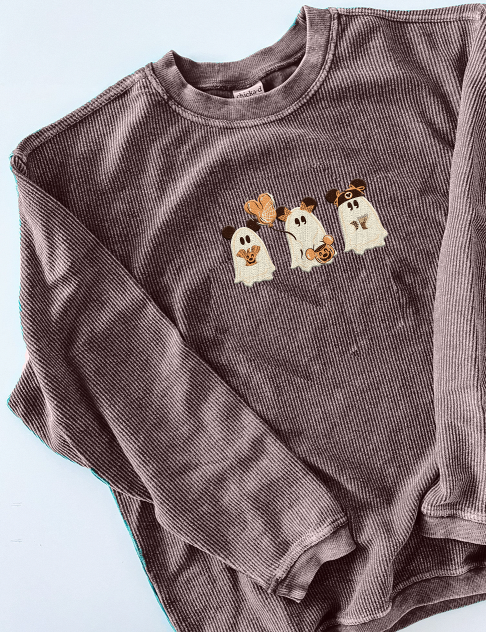 Fall Ghost Embroidered Corded Sweatshirt - Dark Chocolate