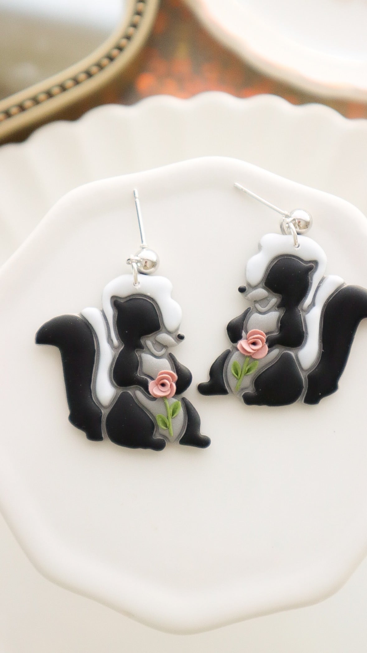 Floral Skunk Dangle Earrings - Opal & Rain