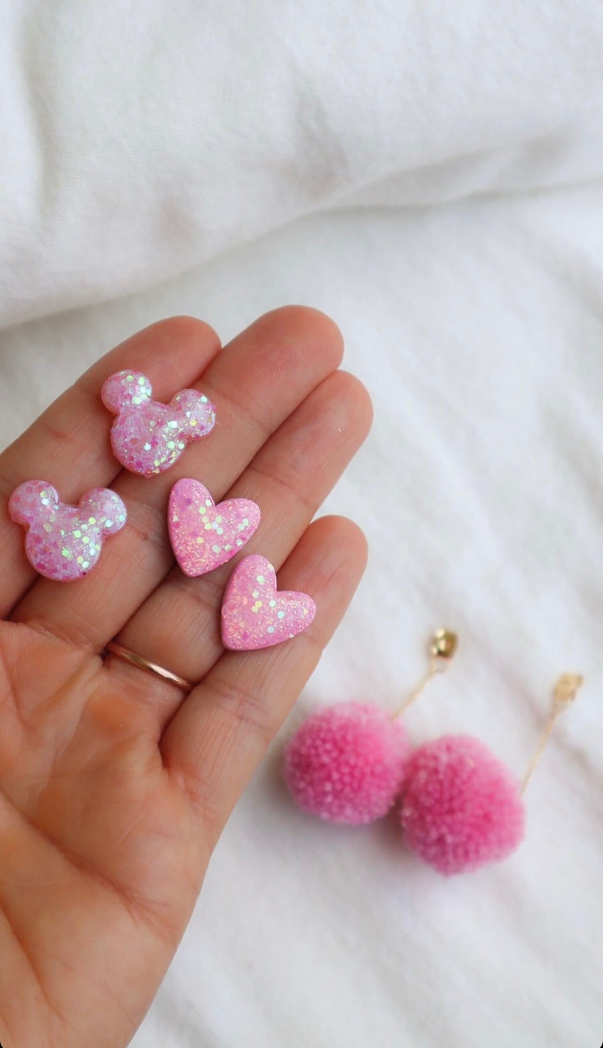 Pink Sparkle Studs w/ Interchangeable Pom - Opal & Rain