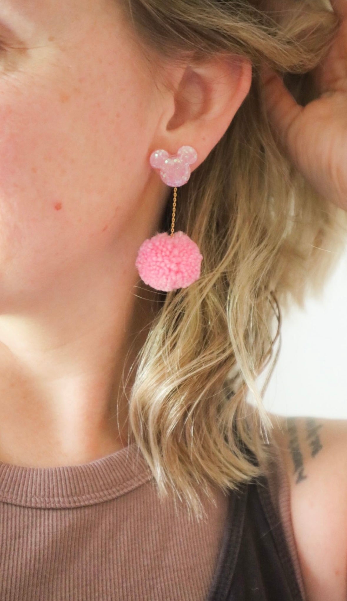 Pink Sparkle Studs w/ Interchangeable Pom - Opal & Rain