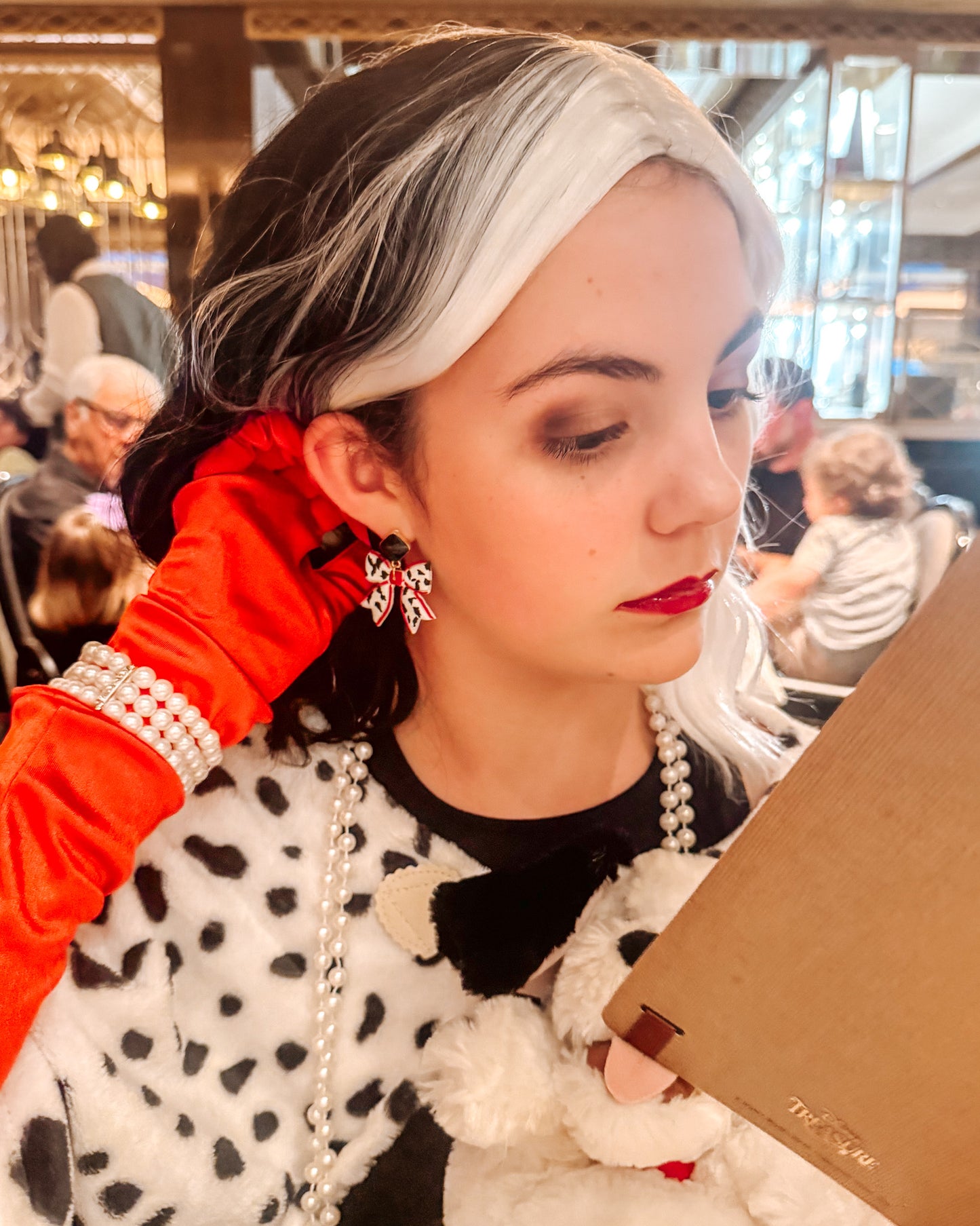 Dalmatian Villain Bow Earrings - Opal & Rain