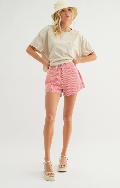 Red/White Striped Denim Shorts - S