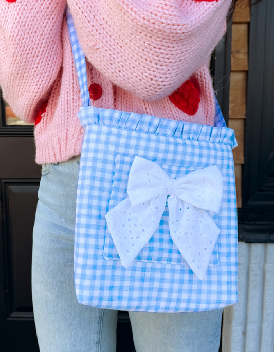 Stevie Ruffle Crossbody Tote: Light Blue Gingham