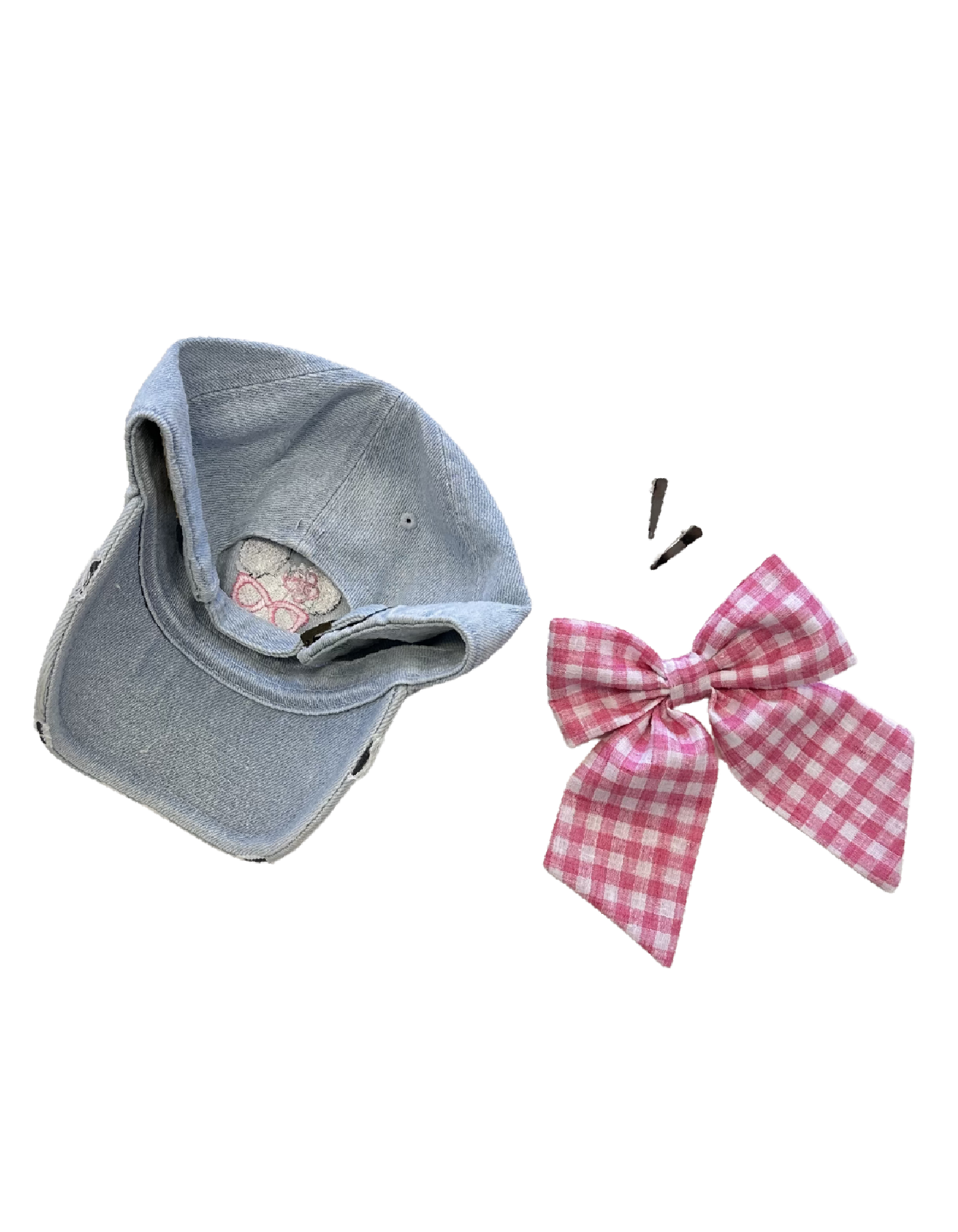 Summer Minnie Hat With Bow - Light Denim & Pink Gingham Bow