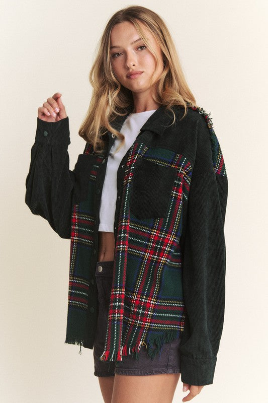 Frayed Green Corduroy Shacket- PREORDER