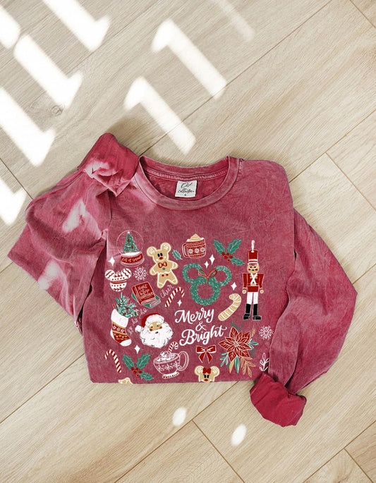 Holiday Holly Sketch Long Sleeve Mineral Wash Tee - PREORDER