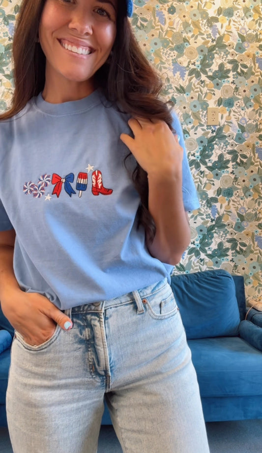 Fourth Line Up Embroidered Tee - Washed Denim - PREORDER