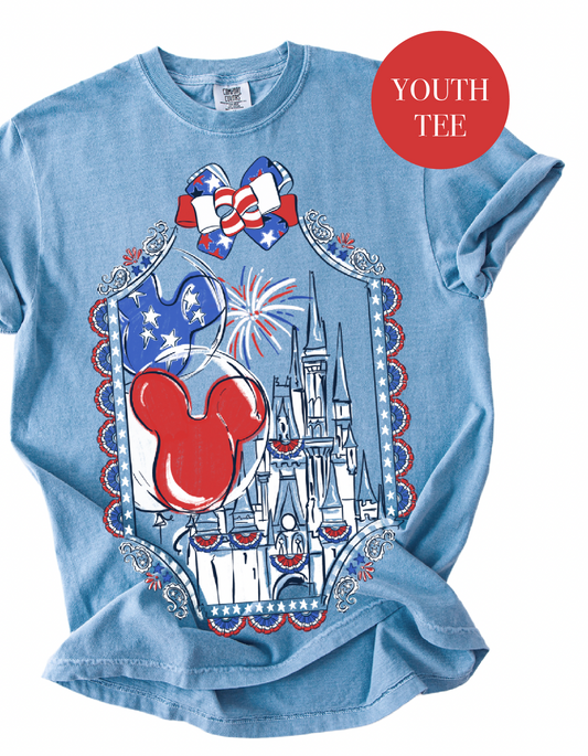 YOUTH Americana Bows & Borders Tee - Washed Denim - PREORDER