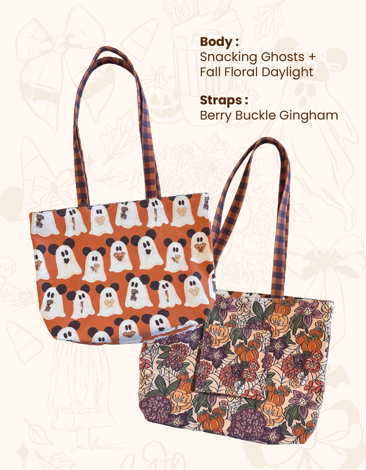 Fall Reversible Canvas Tote - Ghosts with Floral Daylight - PREORDER