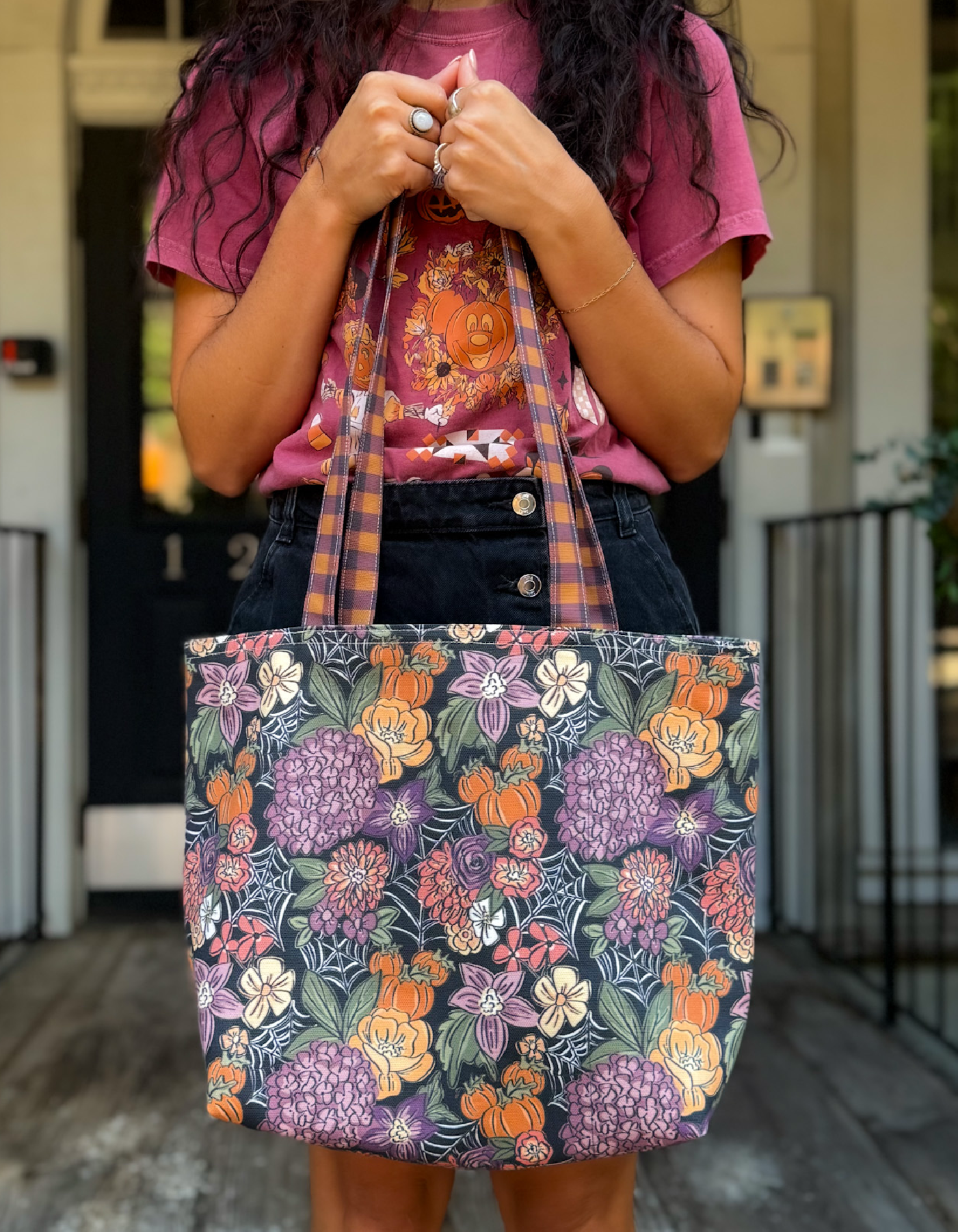 Fall Reversible Canvas Tote - Floral Noir with Festival Berry - PREORDER