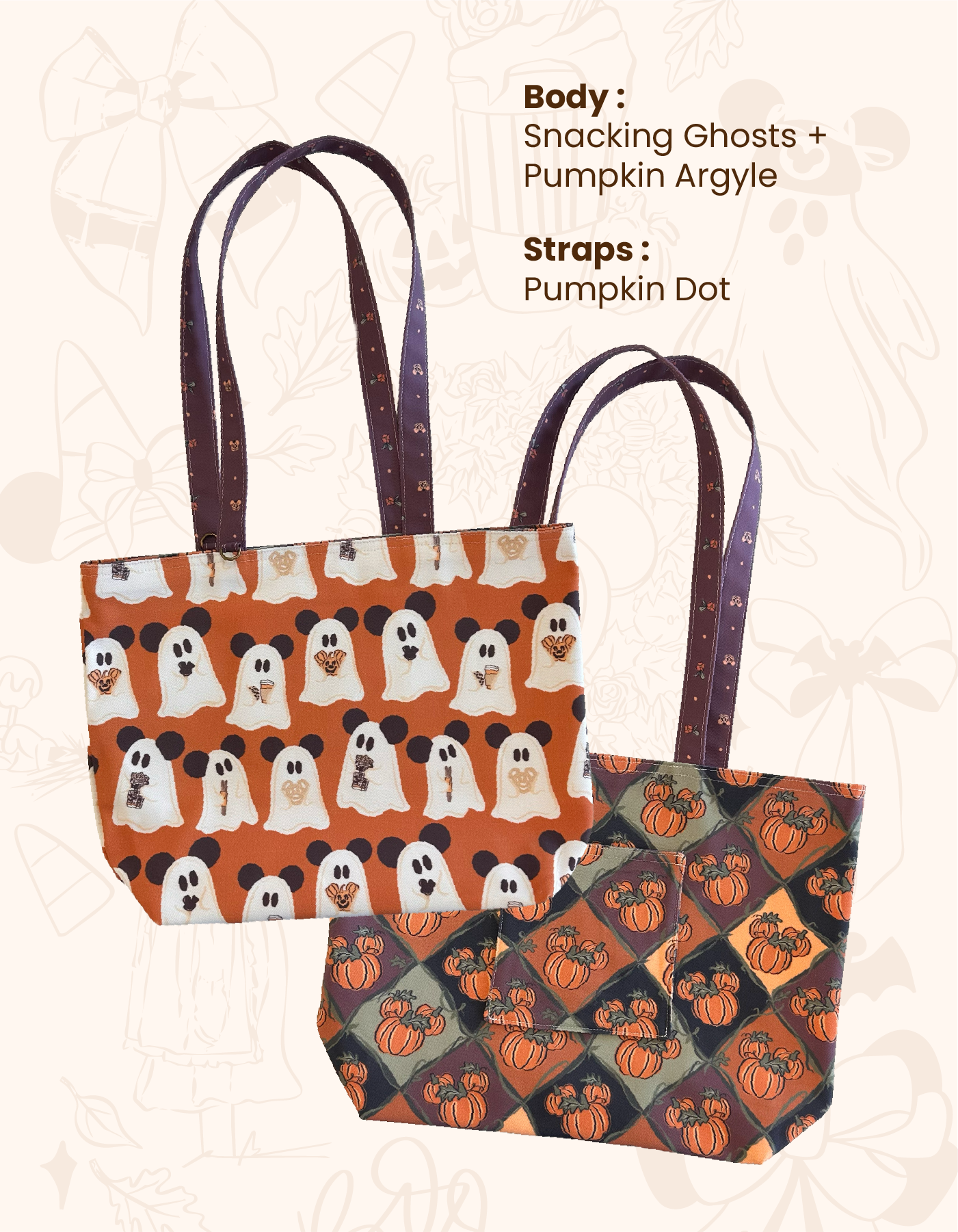 Fall Reversible Canvas Tote - Ghosts with Argyle - PREORDER