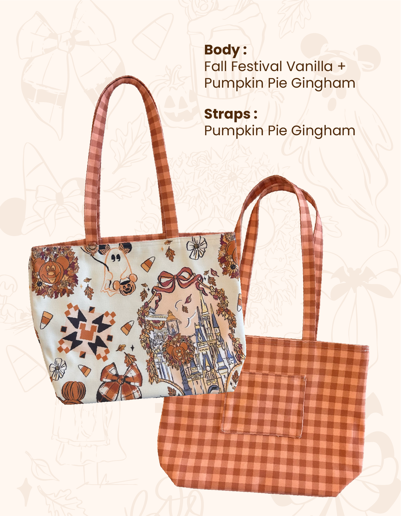 Fall Reversible Canvas Tote - Festival Vanilla with Pie Gingham - PREORDER