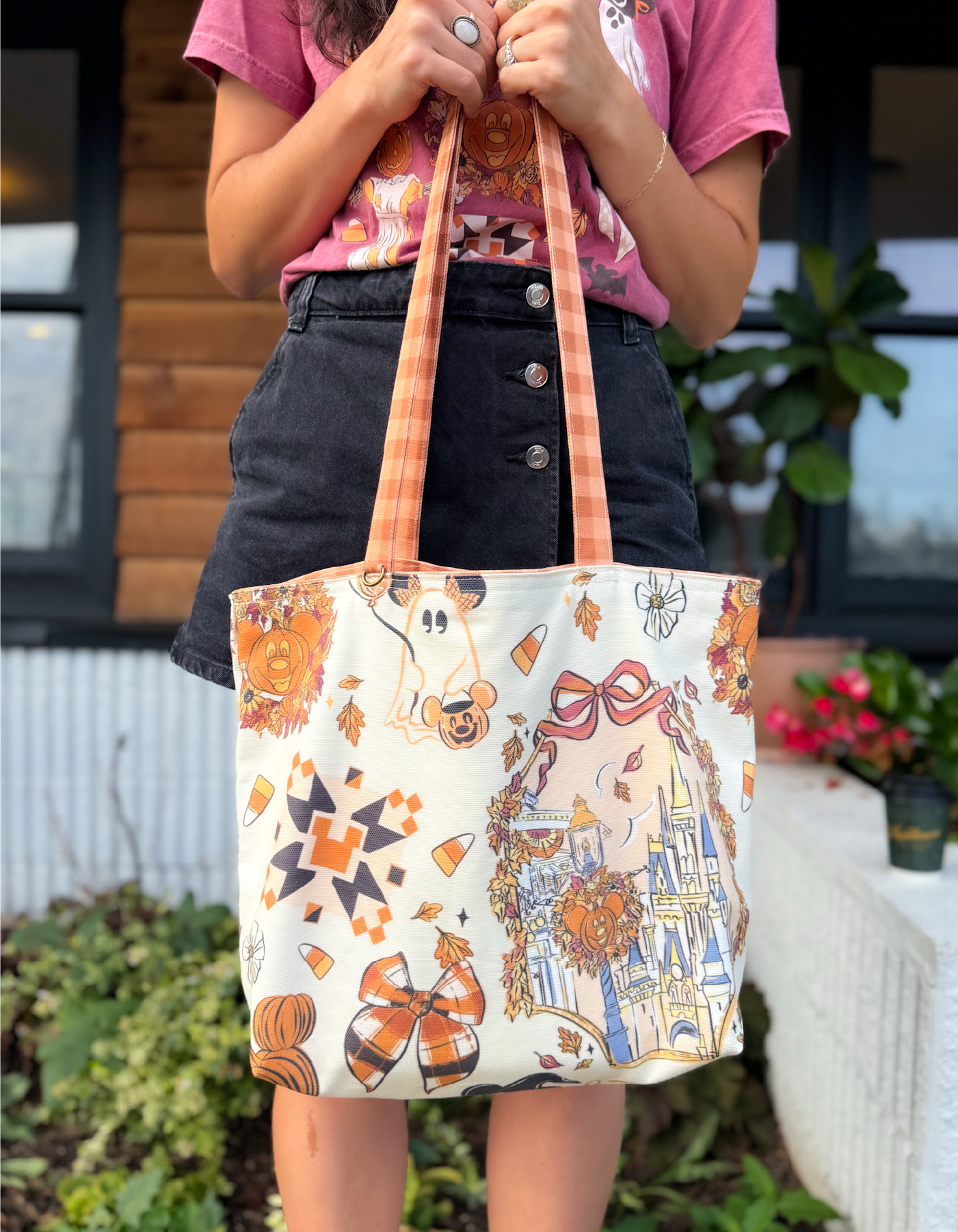 Fall Reversible Canvas Tote - Festival Vanilla with Pie Gingham - PREORDER