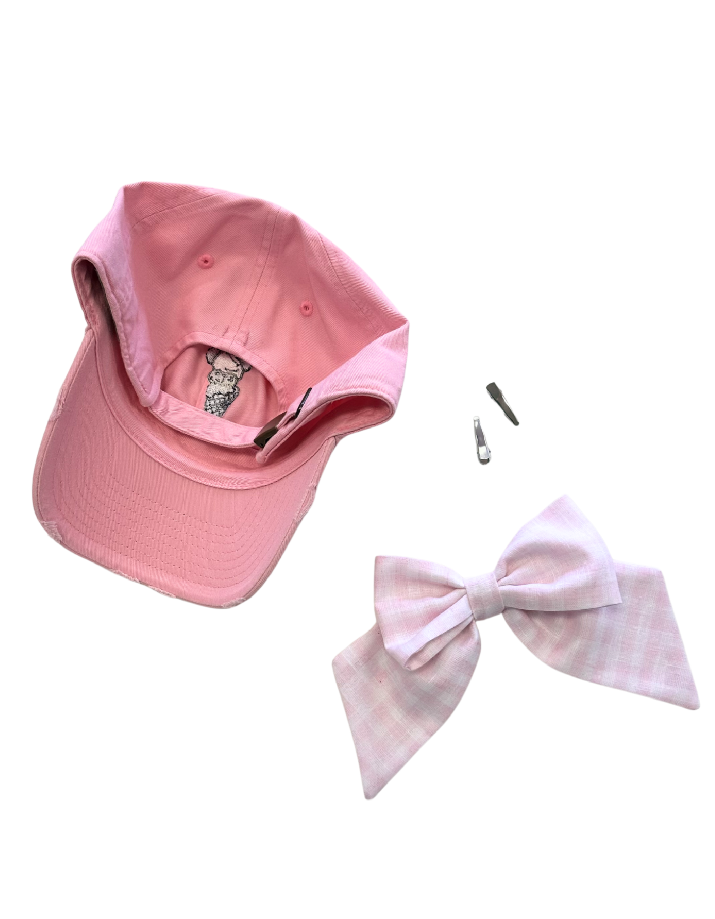 Beaches & Cream Hat With Bow - Pink Hat & Light Pink Gingham Bow