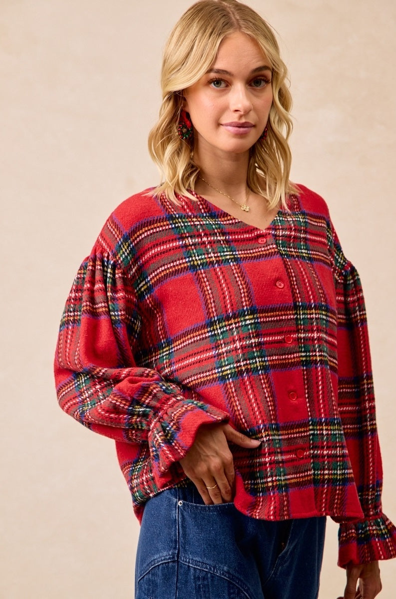 Christmas Ruffle Sleeve Top - Red Plaid - PREORDER