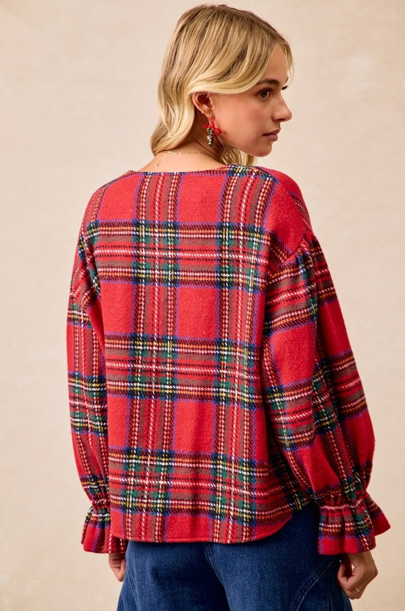 Christmas Ruffle Sleeve Top - Red Plaid - PREORDER
