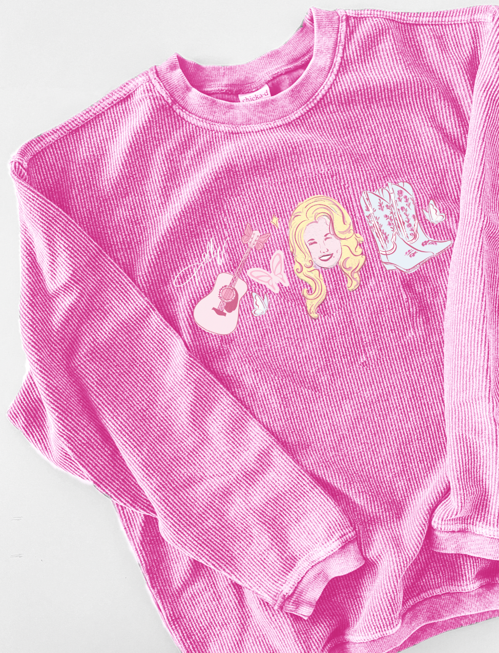 Dolly Parton Lineup Embroidered Corded Sweatshirt - Pink - PREORDER