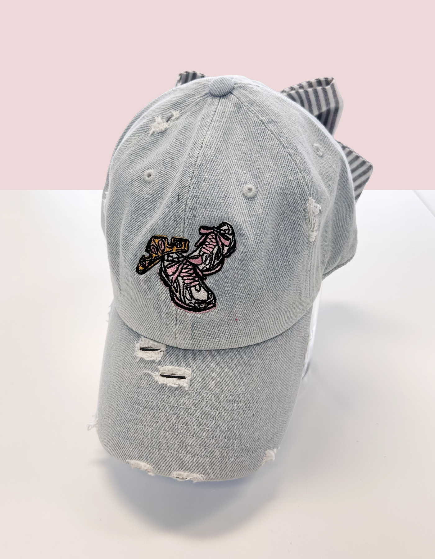 Every Mile is Magic Hat With Bow - Light Denim Hat & Gray Stripe Bow