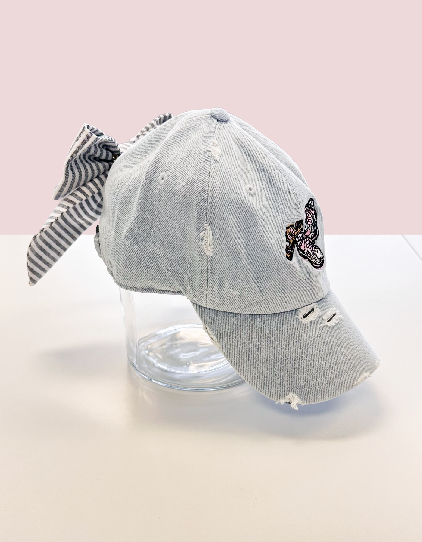 Every Mile is Magic Hat With Bow - Light Denim Hat & Gray Stripe Bow
