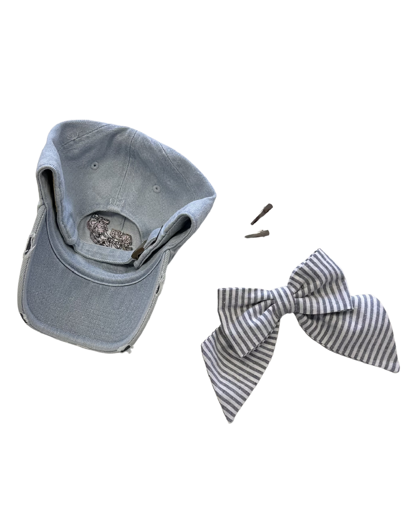 Every Mile is Magic Hat With Bow - Light Denim Hat & Gray Stripe Bow