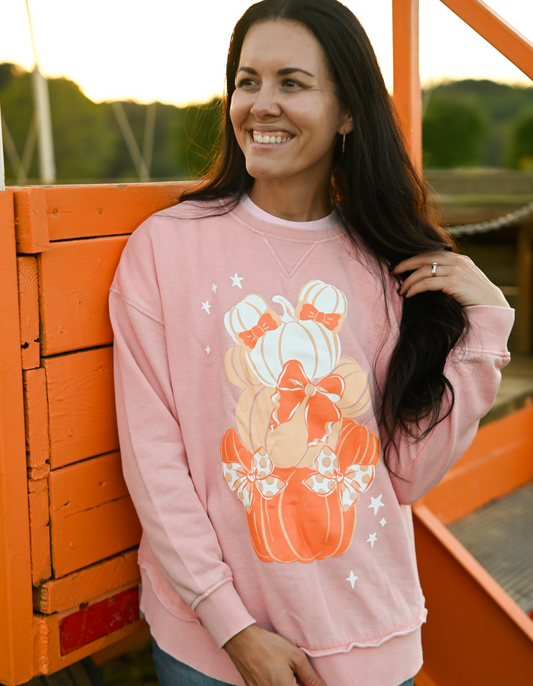 Pumpkin Bow Stack Hi-Low Crewneck - Pink