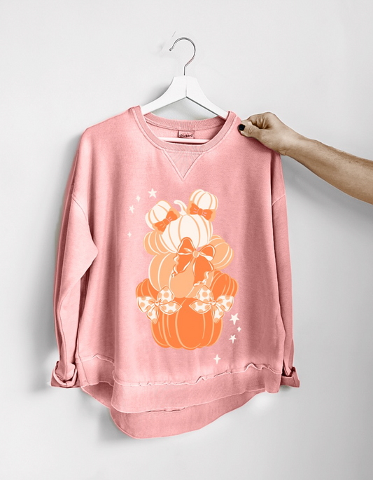 Pumpkin Bow Stack Hi-Low Crewneck - Pink