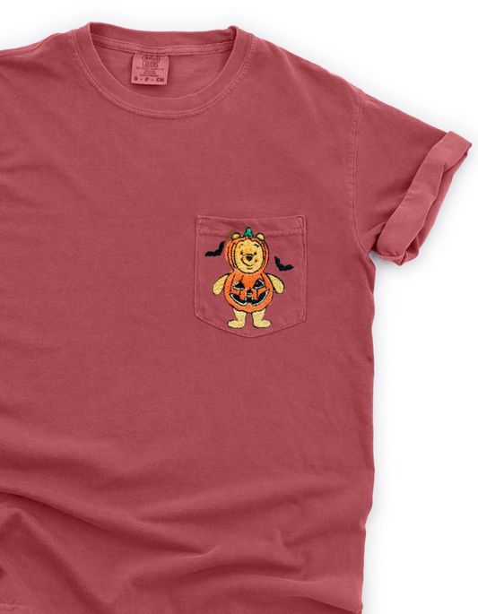Pumpkin Bear Embroidered Pocket Tee - Brick