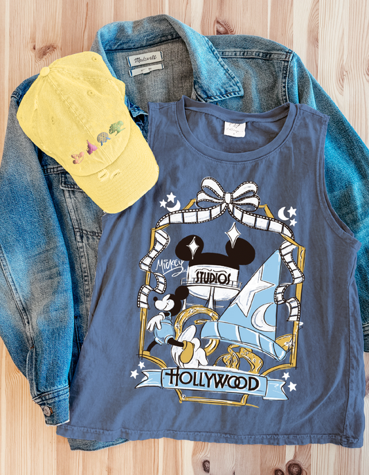 Hollywood Bows & Borders Mineral Wash Tank - Denim Blue - PREORDER