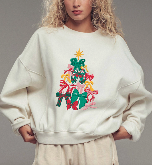 Christmas Tree Bow Embroidered Crewneck Sweatshirt - PREORDER