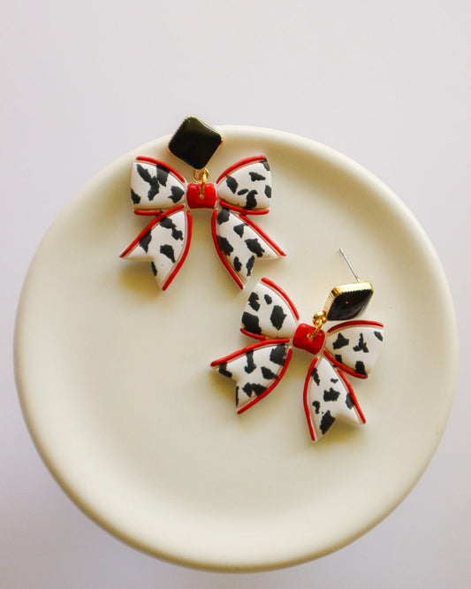 Dalmatian Villain Bow Earrings - Opal & Rain