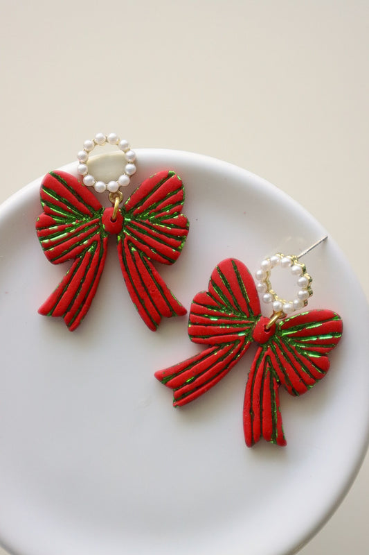 Christmas Bow Dangle Earrings - Opal & Rain - PREORDER