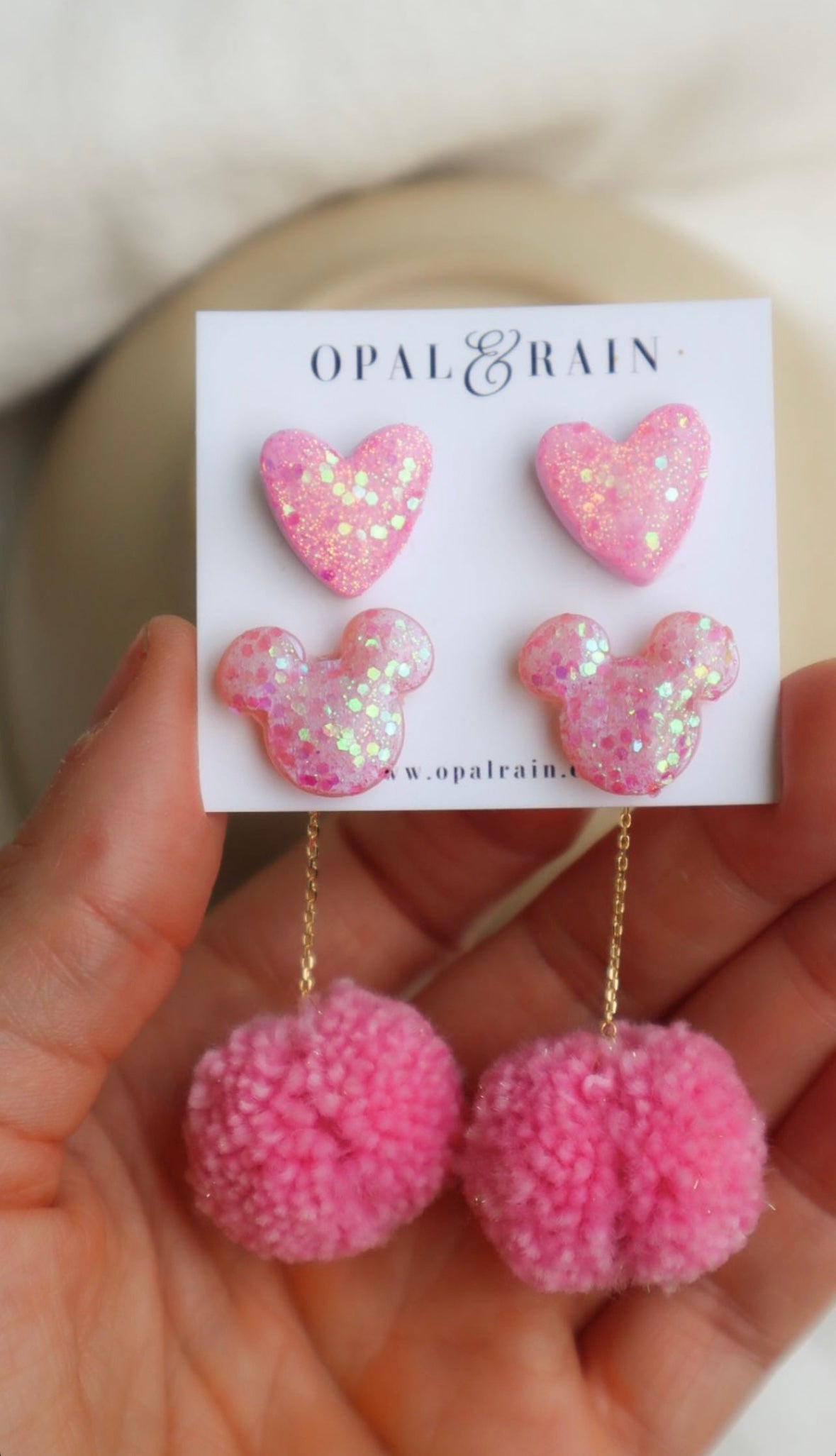 Pink Sparkle Studs w/ Interchangeable Pom - Opal & Rain