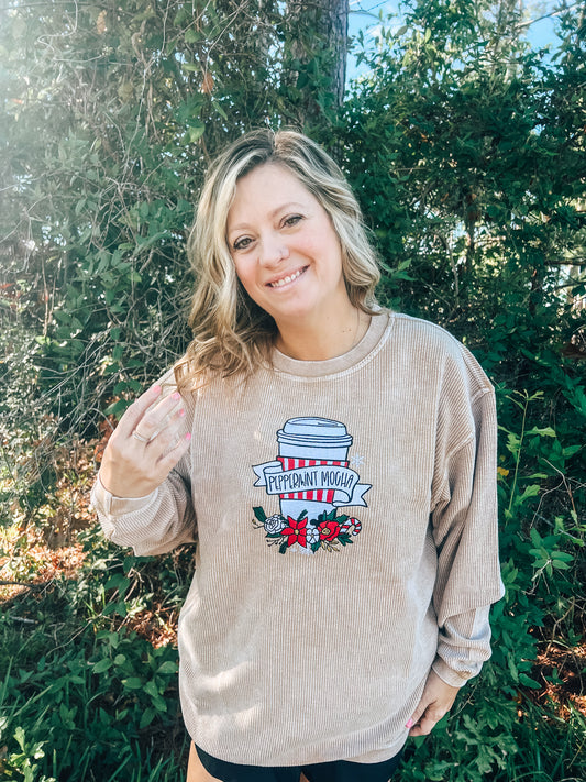 Peppermint Mocha Embroidered Corded Sweatshirt - PREORDER