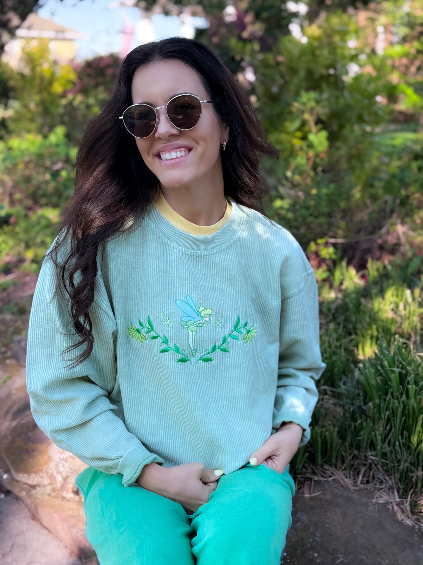 Faith and Trust Floral Embroidered Corded Sweatshirt - Sage