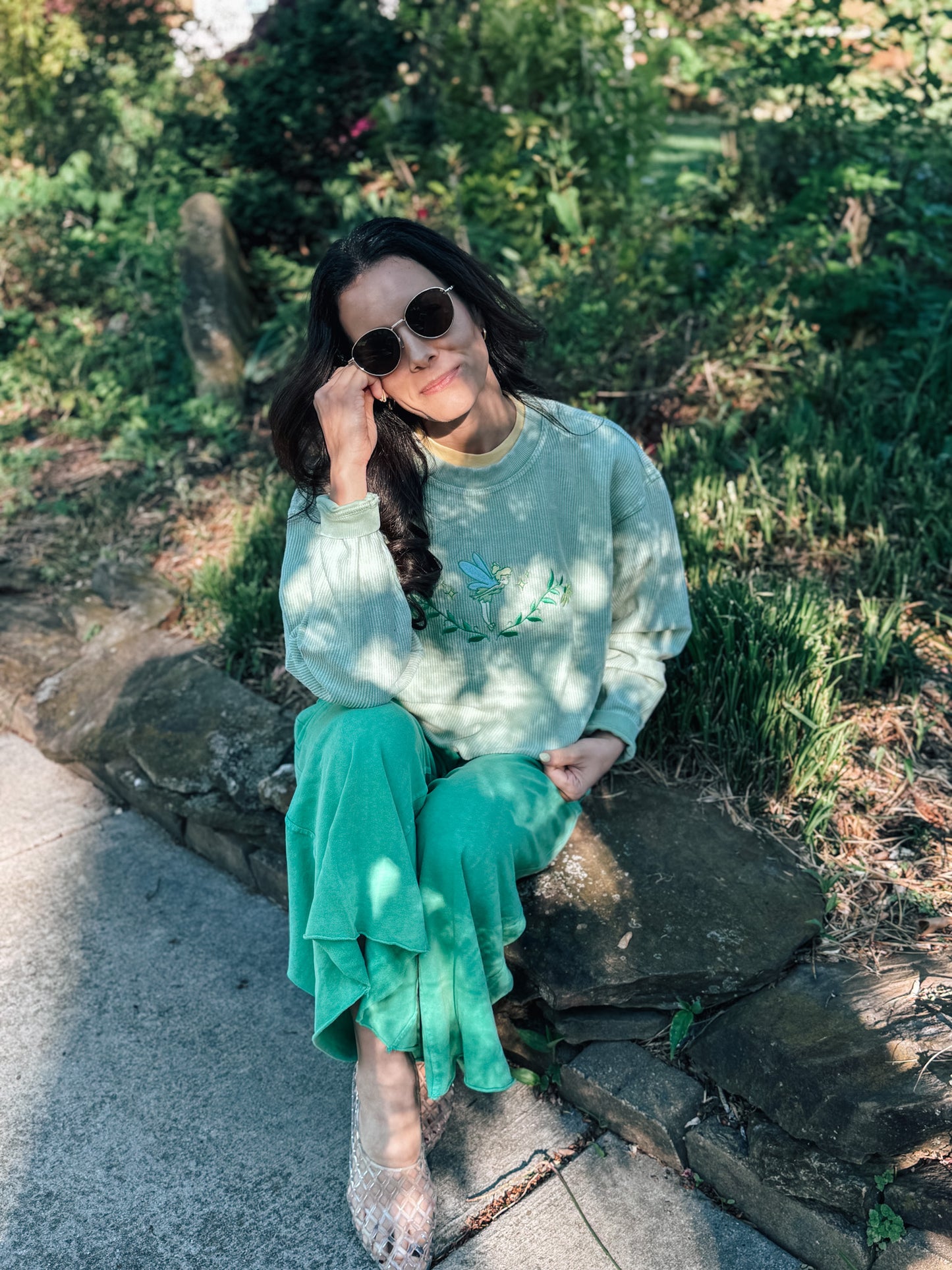 Faith and Trust Floral Embroidered Corded Sweatshirt - Sage