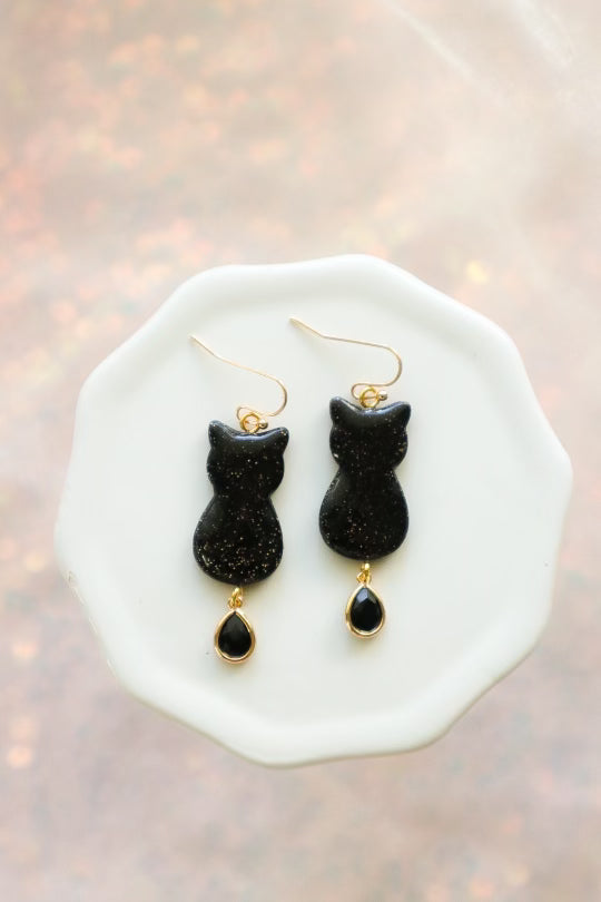 Black Cat Sparkle Dangle Earrings - Opal & Rain