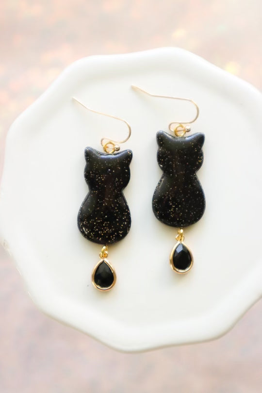 Black Cat Sparkle Dangle Earrings - Opal & Rain