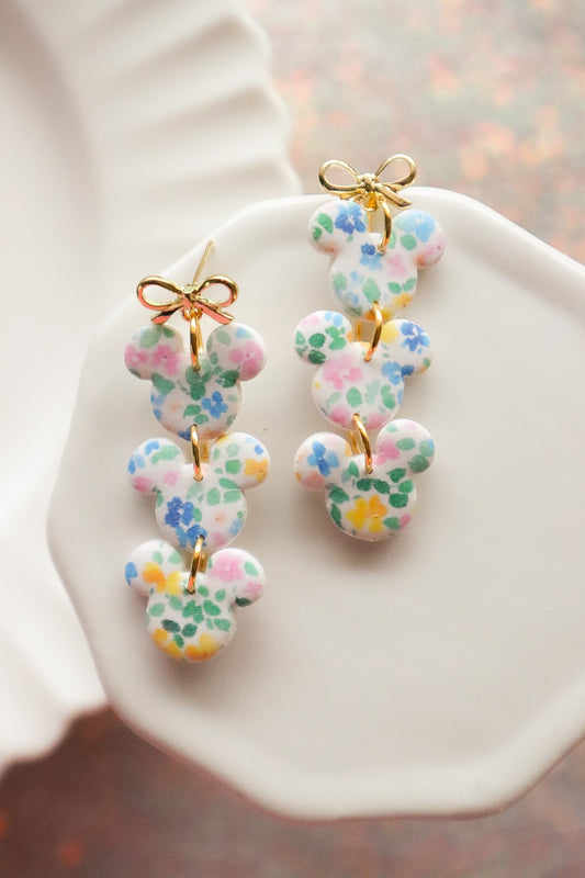 Gold Bow Flower Trio Dangle Earrings - Opal & Rain