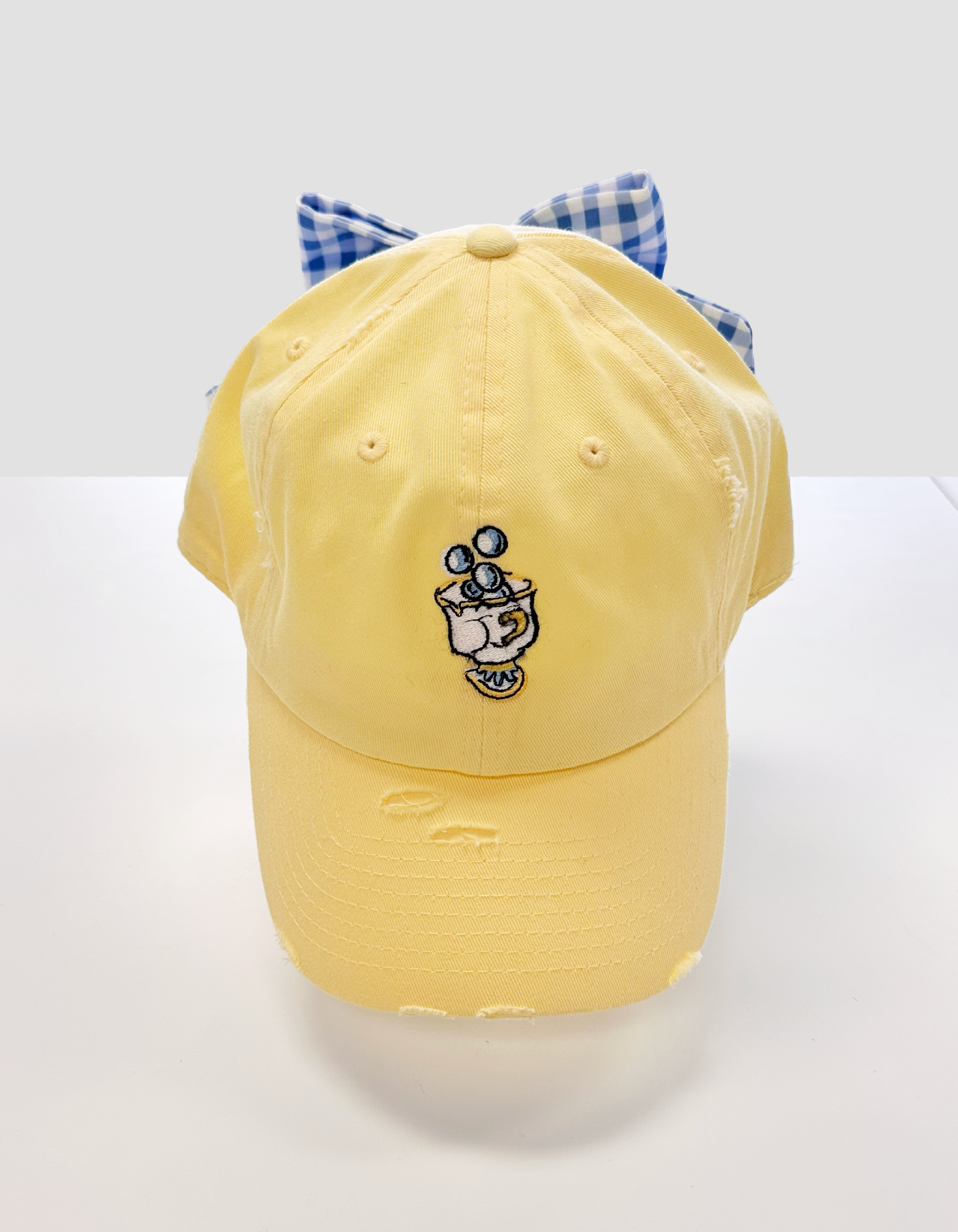 Little Teacup Hat With Bow - Yellow Hat & Blue Gingham Bow