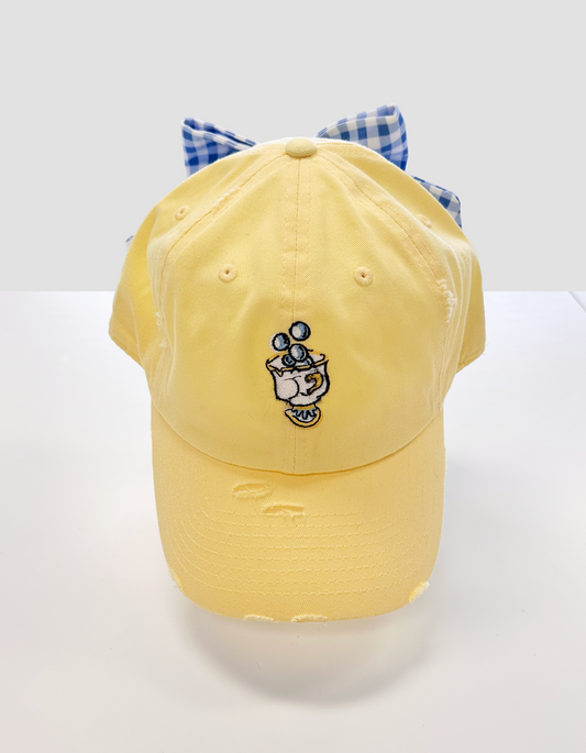 Little Teacup Hat With Bow - Yellow Hat & Blue Gingham Bow