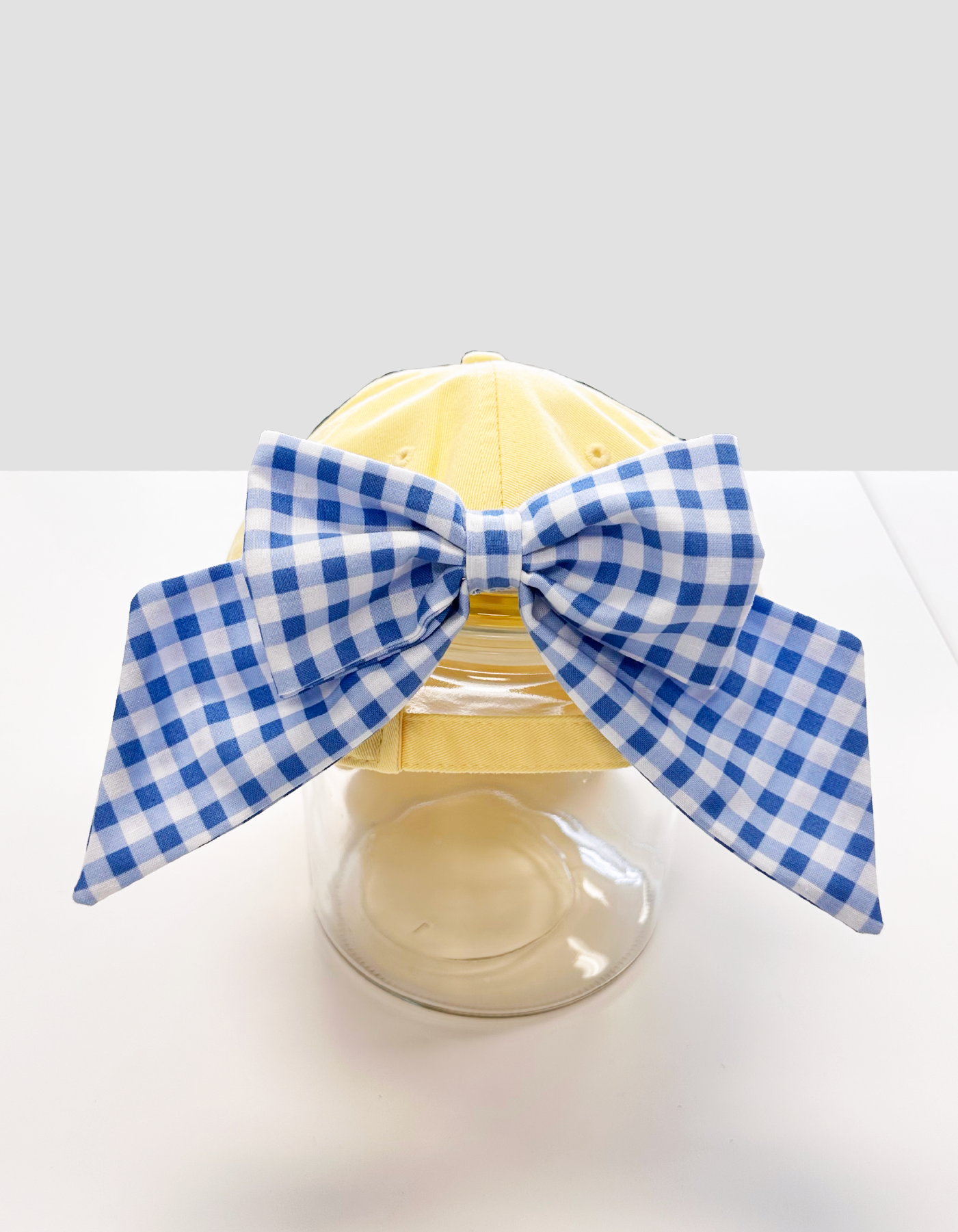 Little Teacup Hat With Bow - Yellow Hat & Blue Gingham Bow