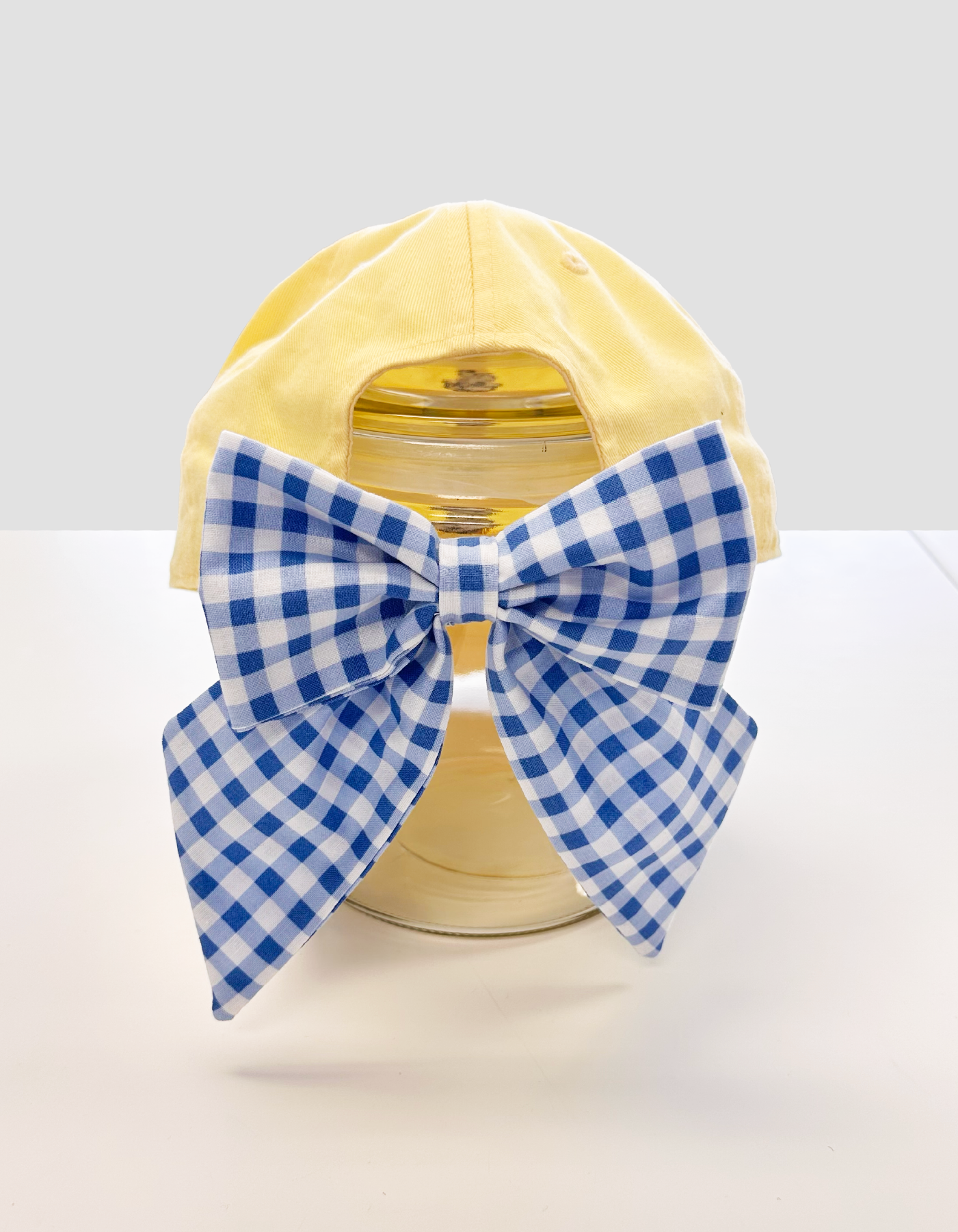 Little Teacup Hat With Bow - Yellow Hat & Blue Gingham Bow