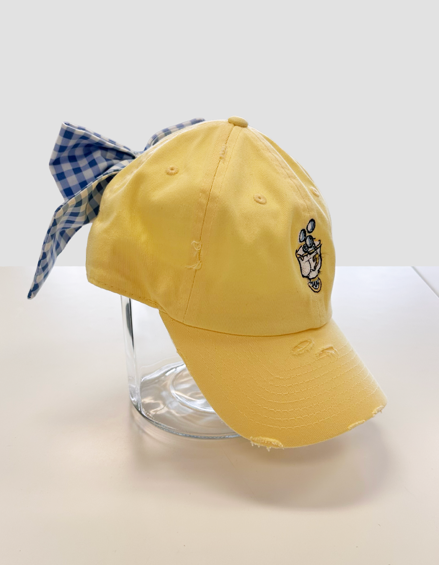 Little Teacup Hat With Bow - Yellow Hat & Blue Gingham Bow
