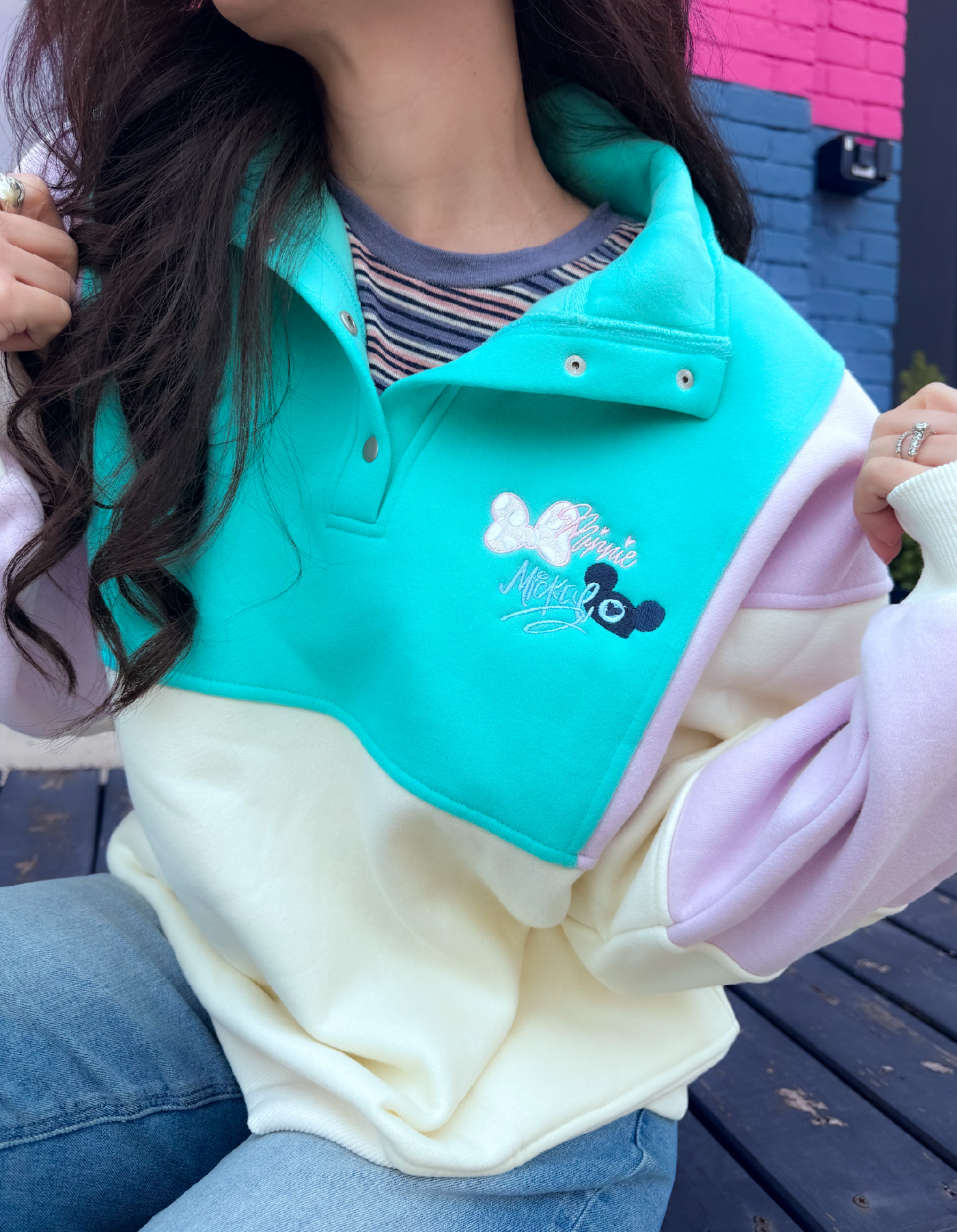 Autographed Embroidered Colorblock Pullover - Lilac and Seafoam