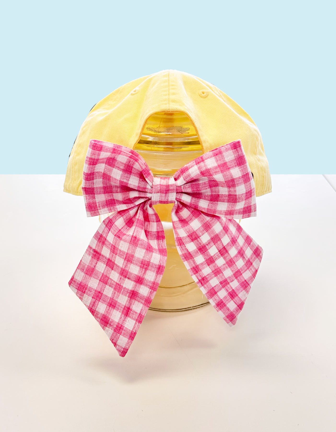 Macaron Hat With Bow - Yellow Hat & Pink Gingham Bow