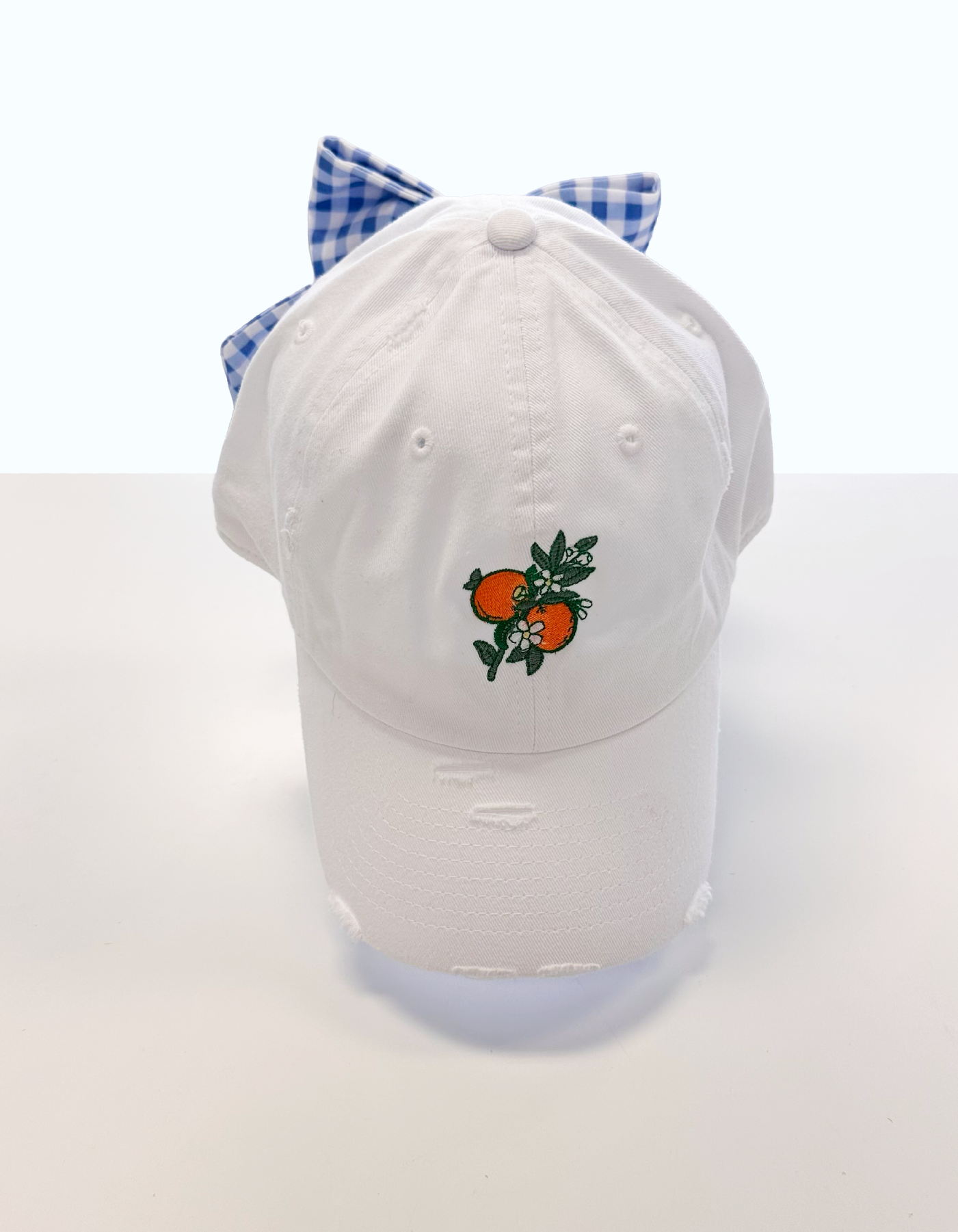 Orange Blossom Hat With Bow - White Hat & Blue Gingham Bow