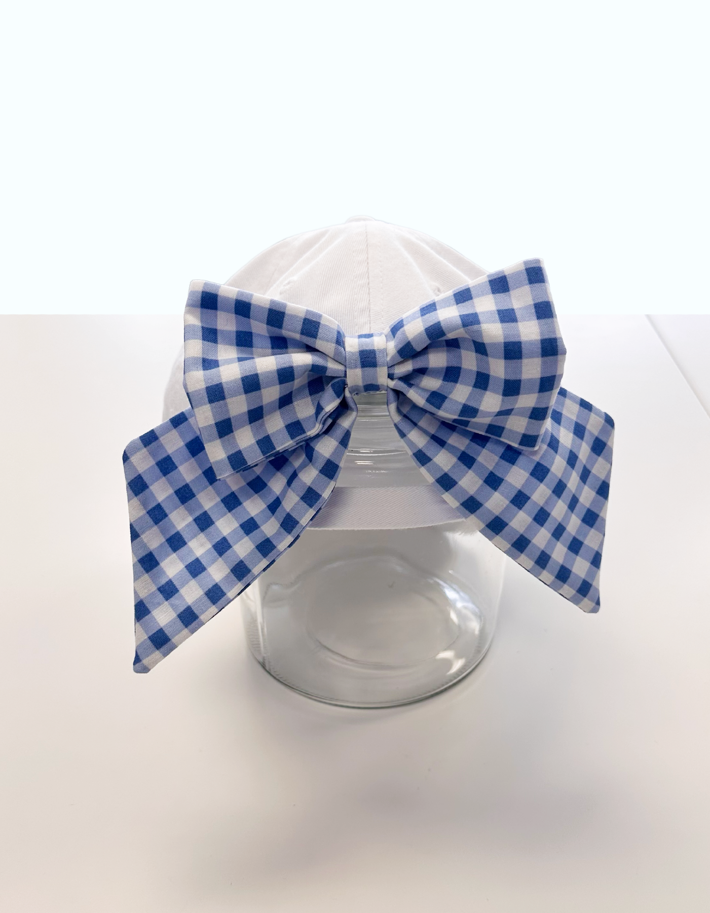 Orange Blossom Hat With Bow - White Hat & Blue Gingham Bow